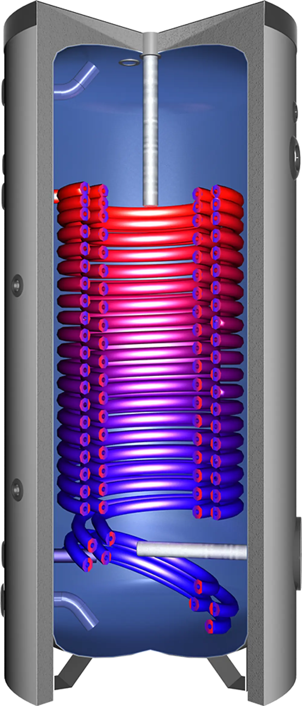 Hochformatiger Warmwasserspeicher mit rotem und blauen Rohrsystem, innen liegend. Juratherm-Logo sichtbar auf der Außenseite des Behälters.